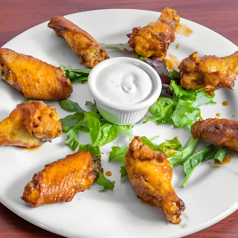 Seven golden-brown chicken wings with a side of ranch dressing and green lettuce on a white plate.